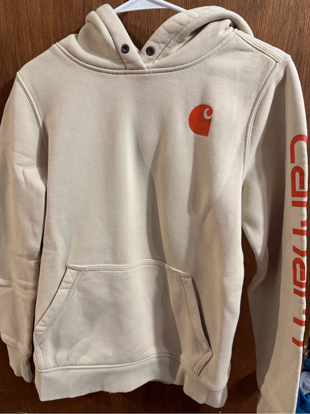 Carhartt Cream Pullover Hoodie with Orange Logo and Sleeve Print